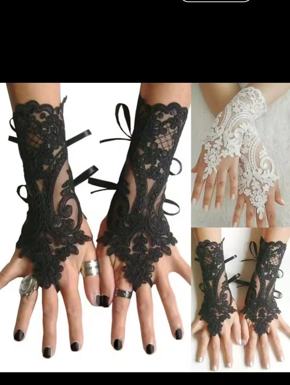nwot Lace Fingerless Gloves with Floral Appliqué